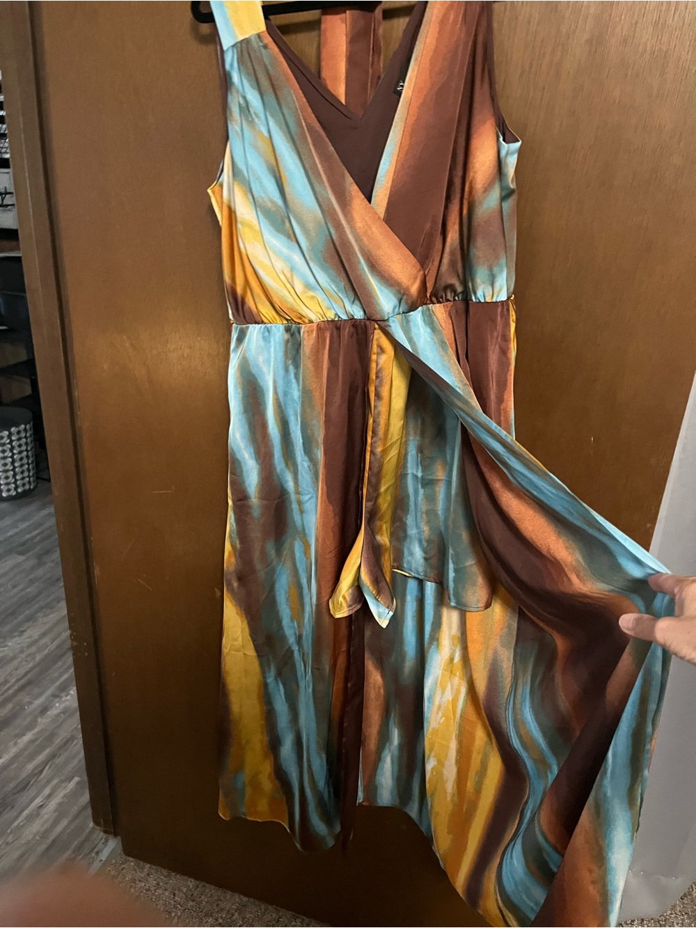 V-Neck Midi Wrap Dress in Teal, Brown & Mustard
